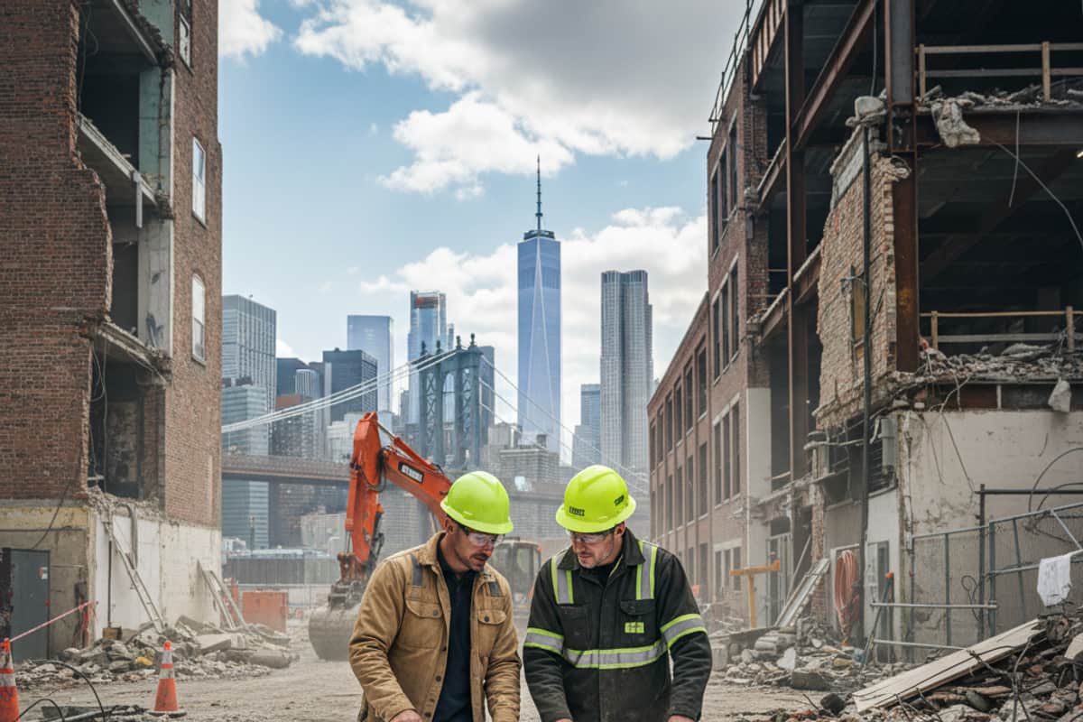 Demolition crew members reviewing blueprints on a construction site, emphasizing planning and safety.