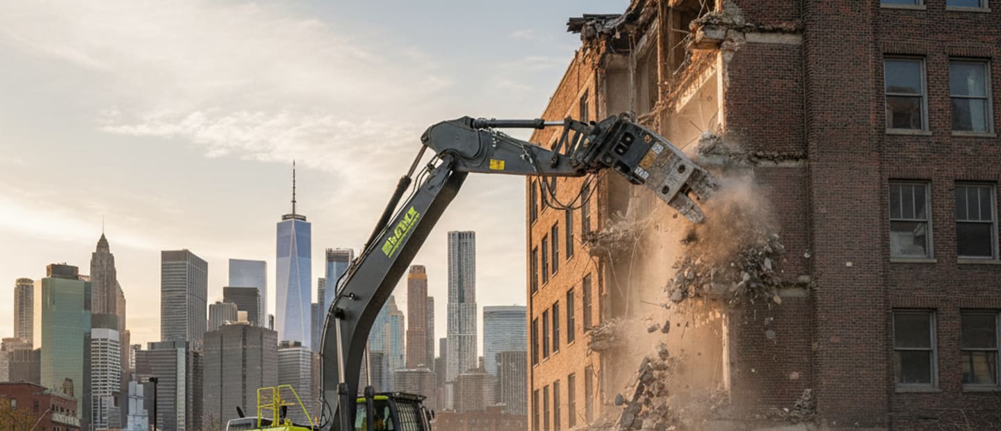 A large excavator breaking down a building in an urban setting with the NYC skyline in the background.