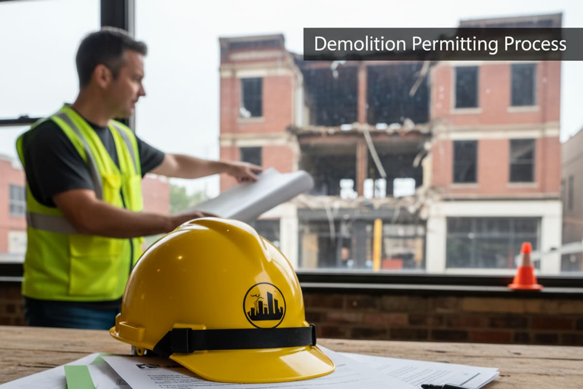 Official demolition permit documents and a hard hat on a table