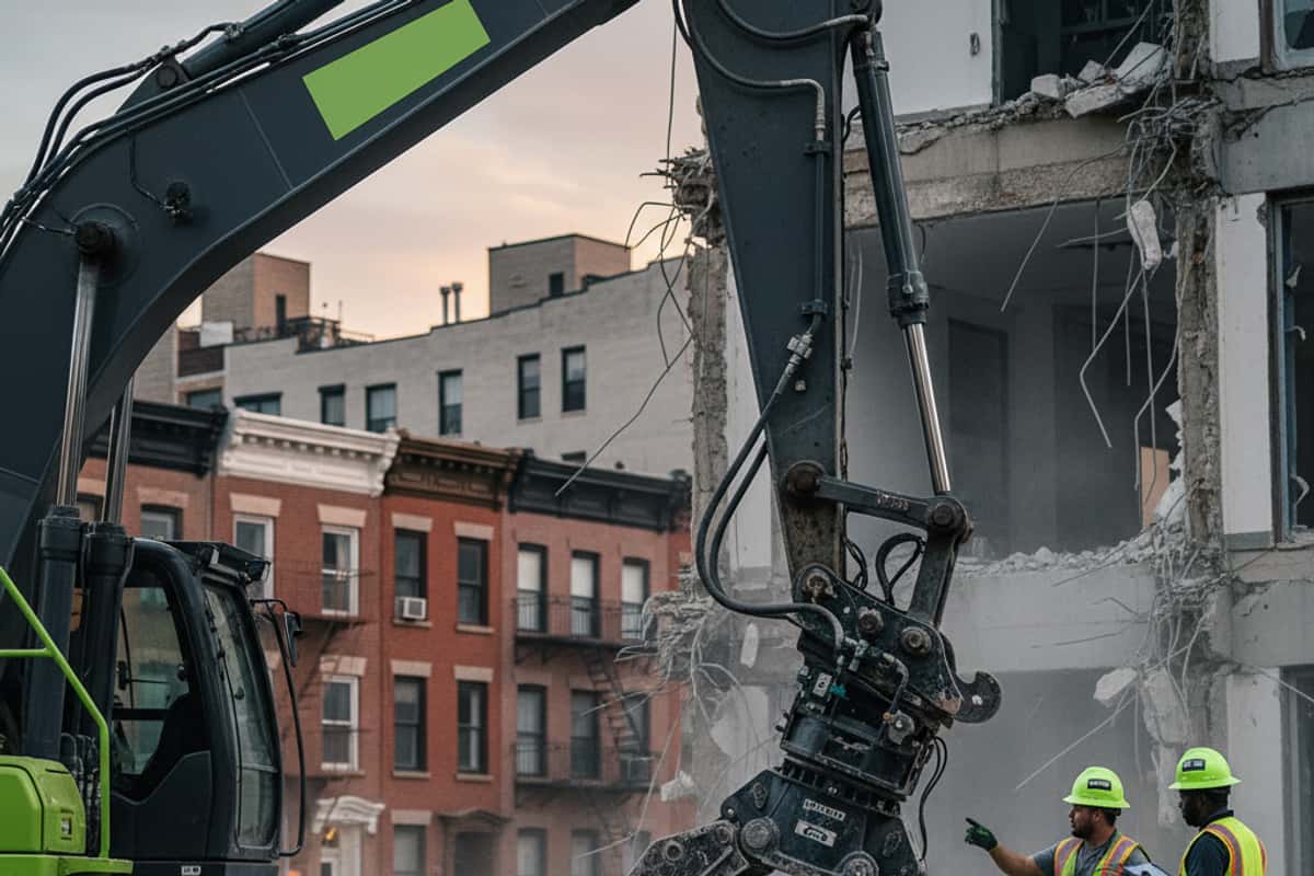 Close-up of heavy machinery on an emergency demolition site, ready for urgent action