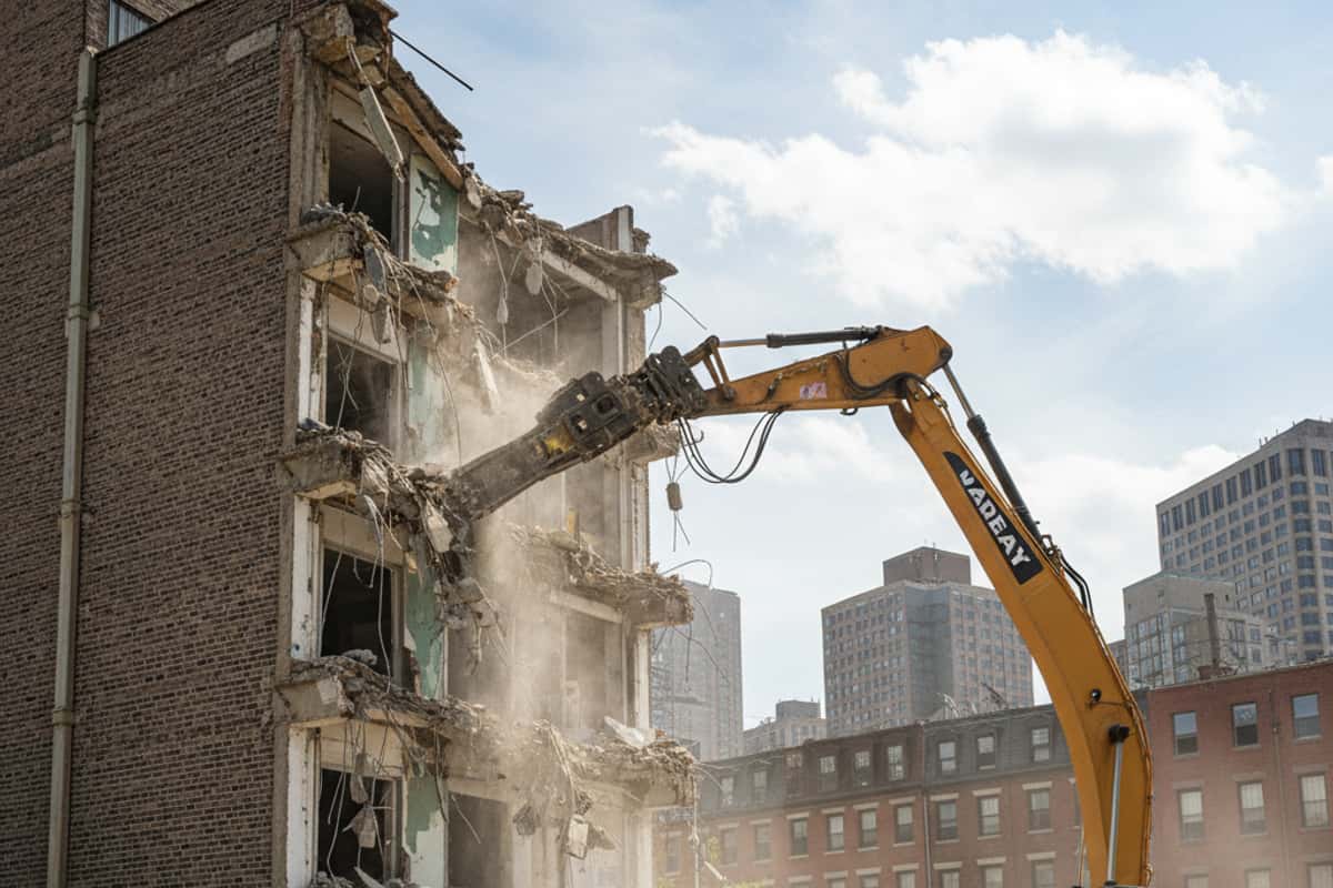 Building being taken down in a controlled demolition