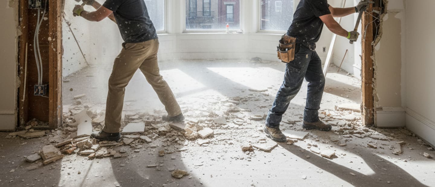A crew from Demolition Masters NY beginning apartment demolition on an interior wall.