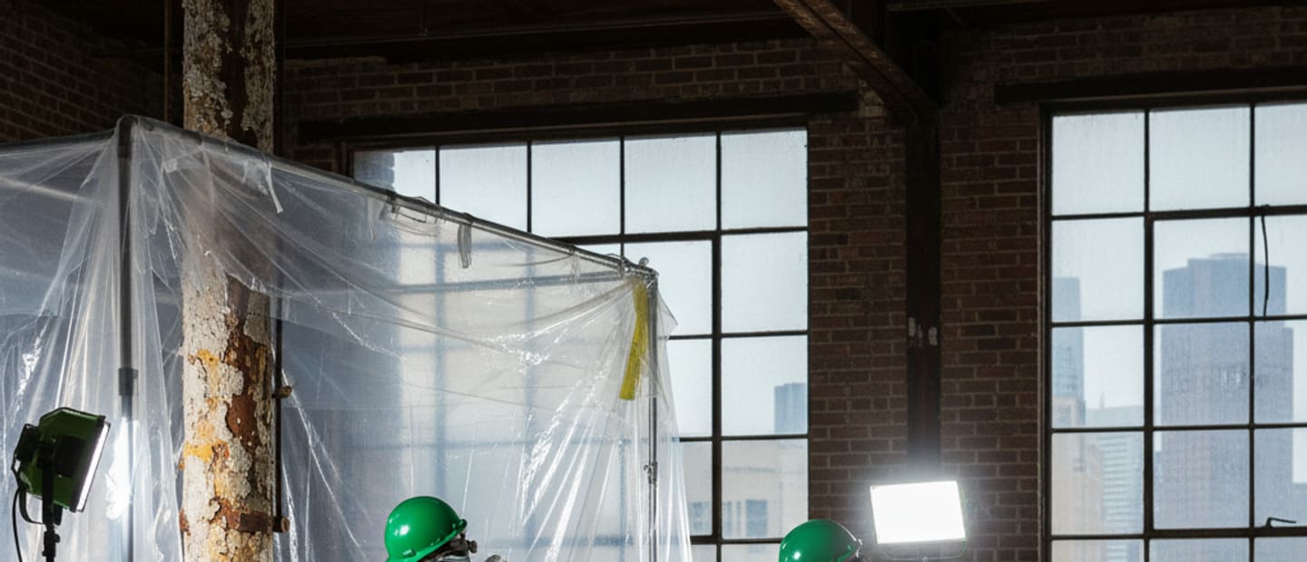 Licensed professionals conducting asbestos hazardous material removal in a contained area
