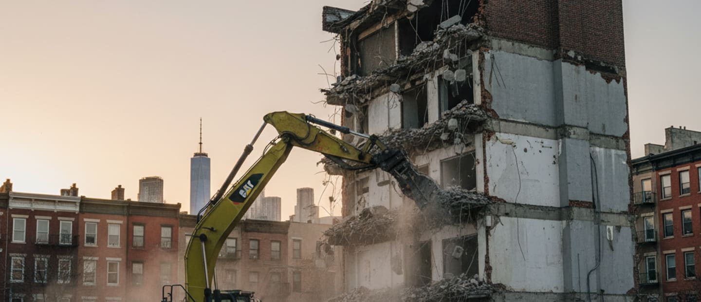 Commercial demolition site in Brooklyn with heavy machinery