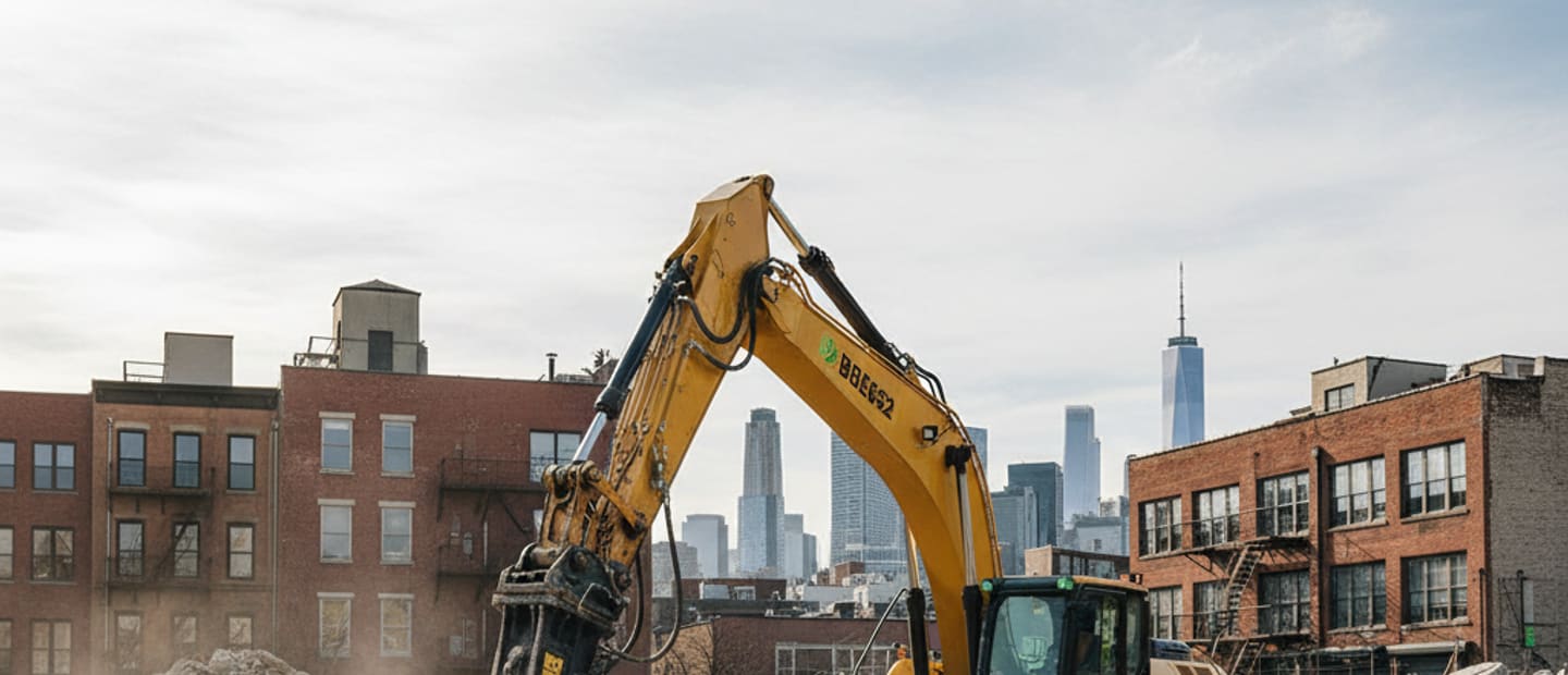 Large excavator breaking up concrete slab on a demolition site in Brooklyn