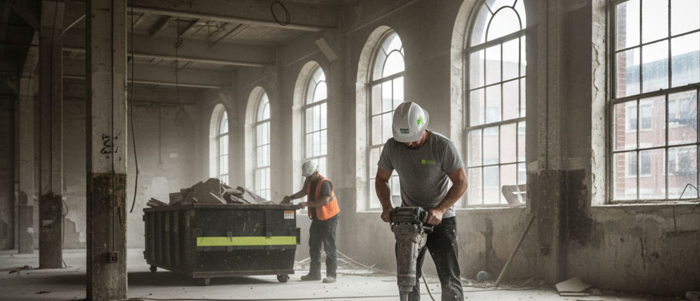 Flooring demolition crew at work, clearing a large commercial space.