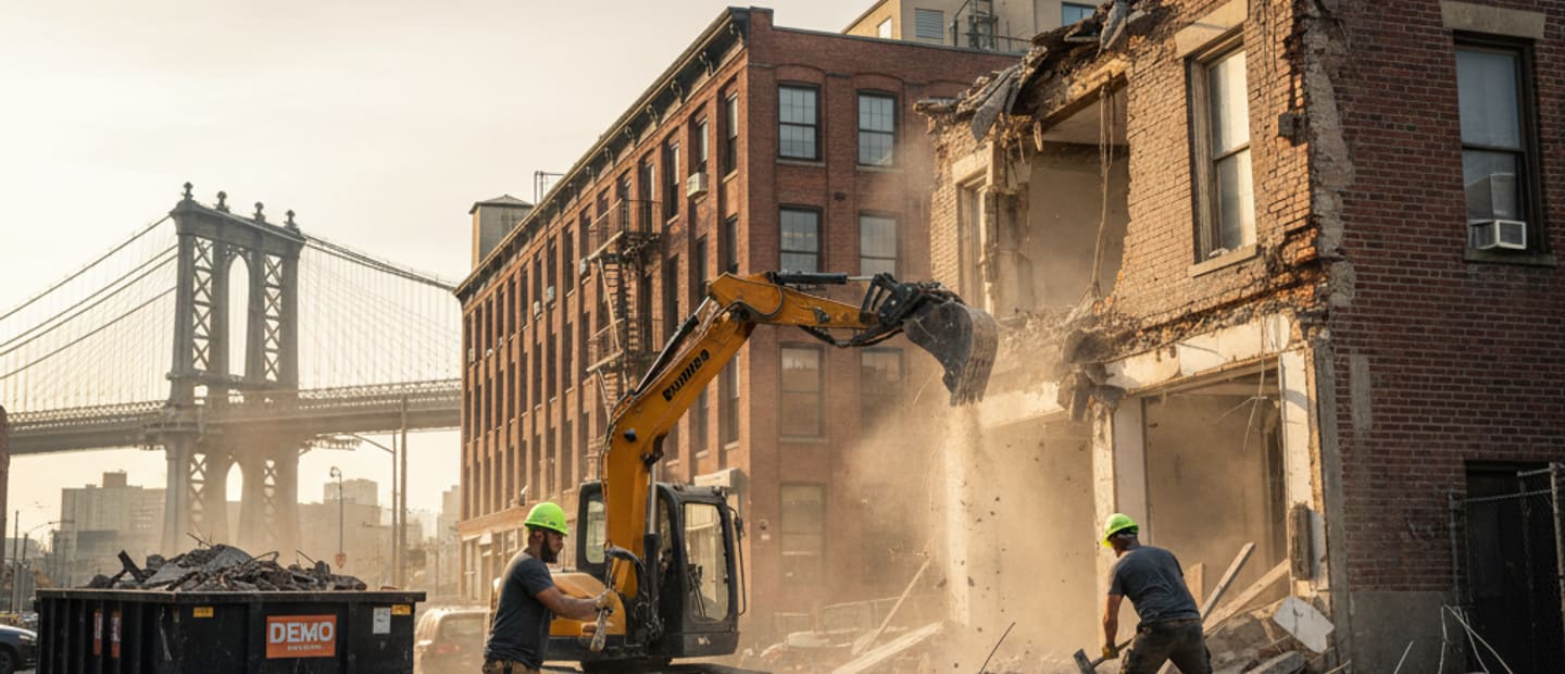 Large garage undergoing demolition by a skilled crew in Brooklyn