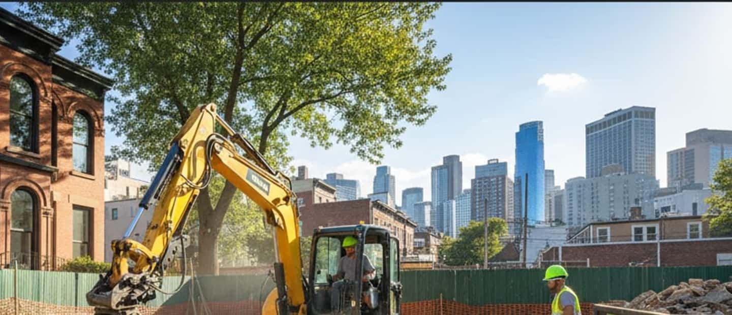 Excavator breaking apart an old brick walkway in a residential backyard.