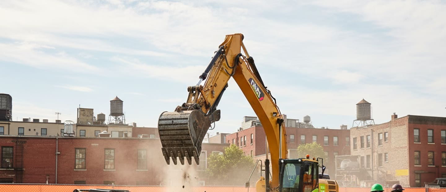 Commercial parking lot demolition in progress with heavy machinery breaking up asphalt.