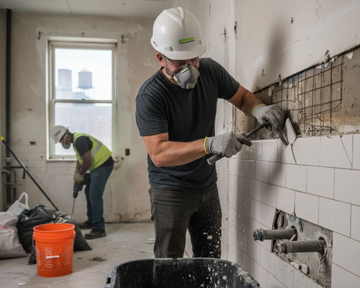 Close-up of a worker safely removing bathroom tiles during a demolition project