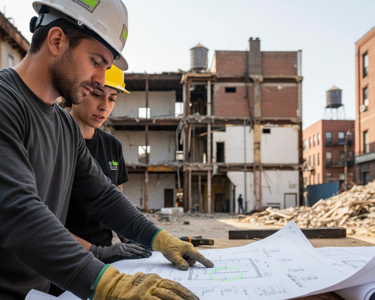 Close-up of a construction worker reviewing building plans with a hard hat, focusing on compliance.