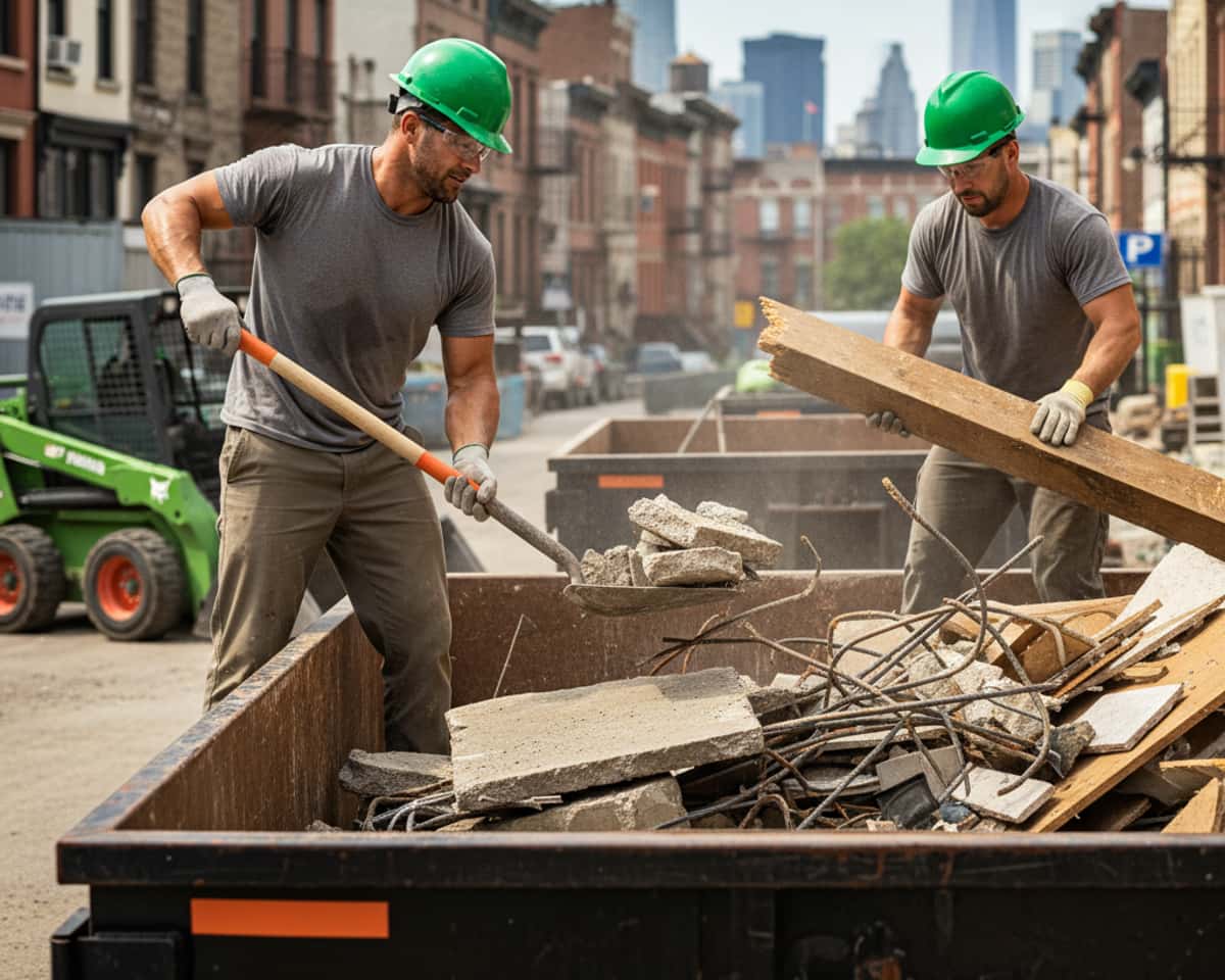 Demolition crew members loading construction waste into a large dumpster on a job site.