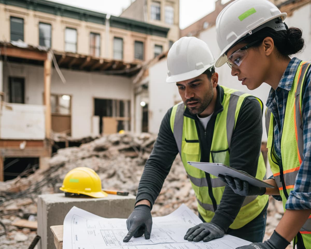 Close-up of a construction worker reviewing demolition permit documents