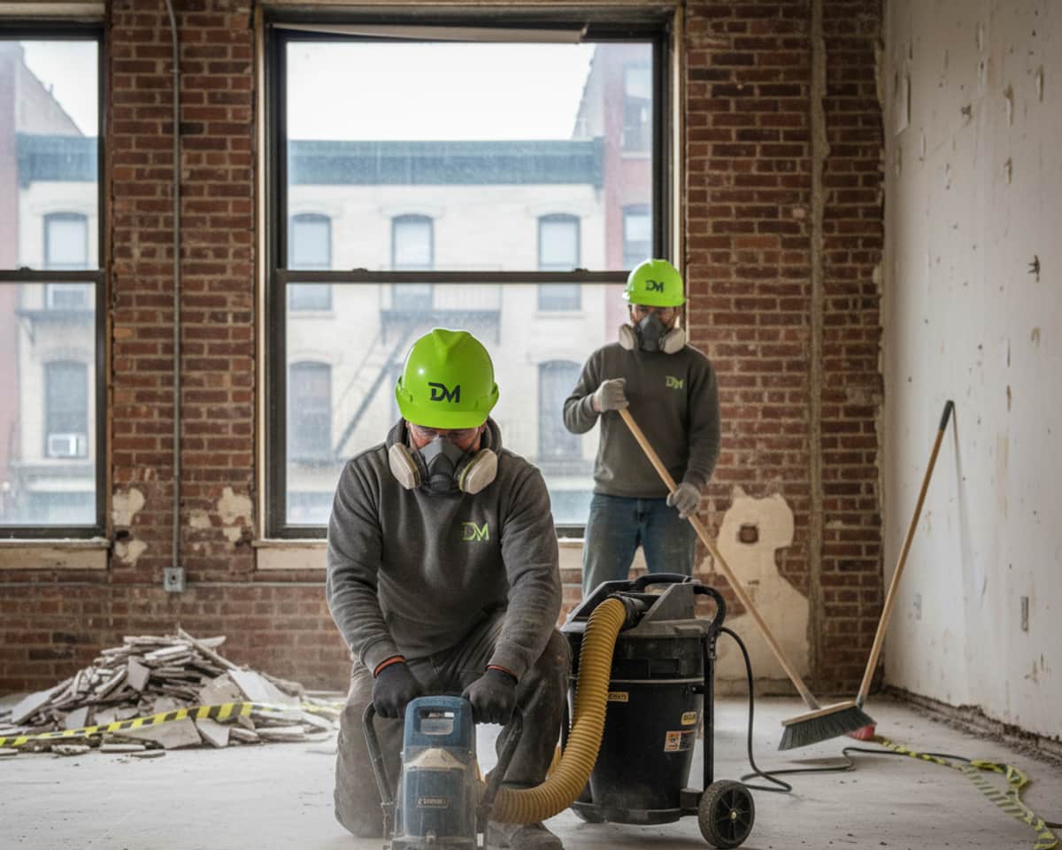 Worker thoroughly removing old floor tiles, dust controlled.