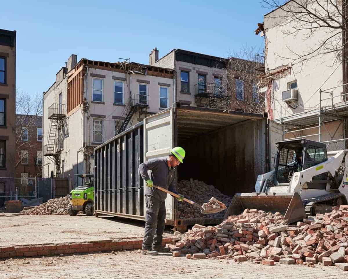 A demolished brick patio with debris being loaded into a container for removal.