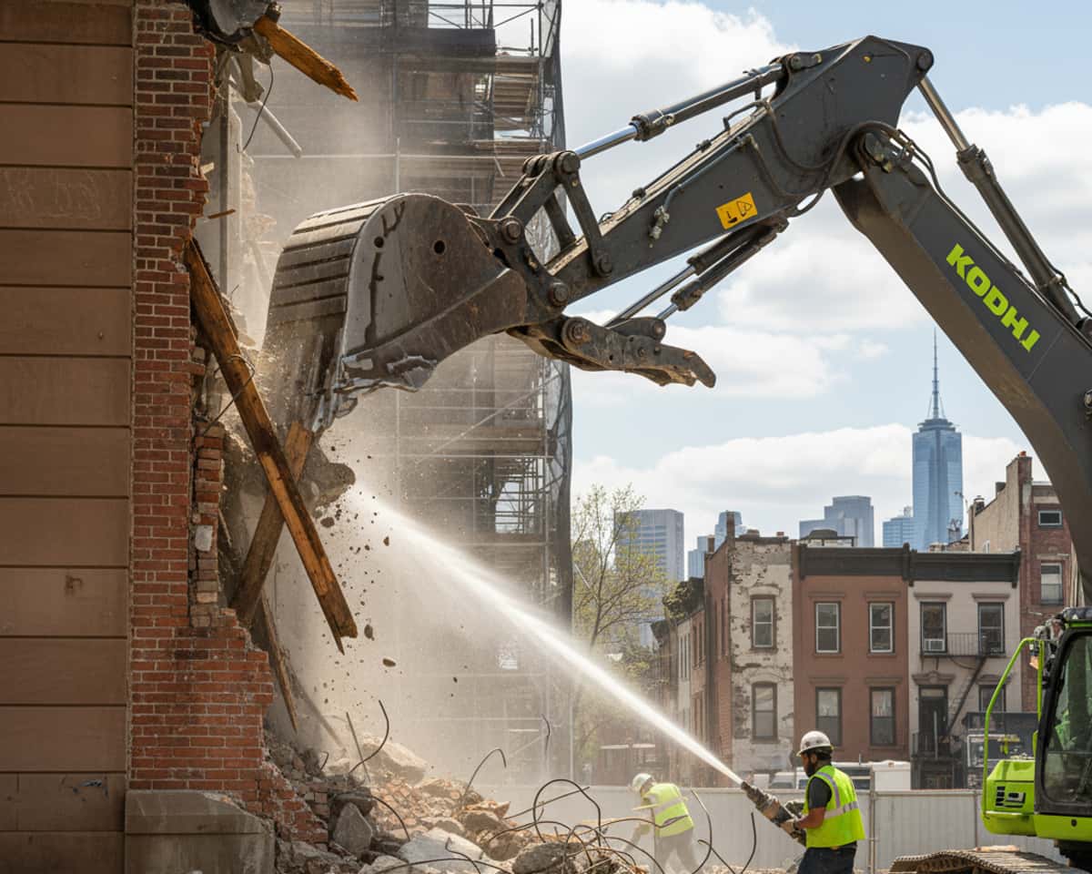 Close-up of an excavator breaking down residential structure.