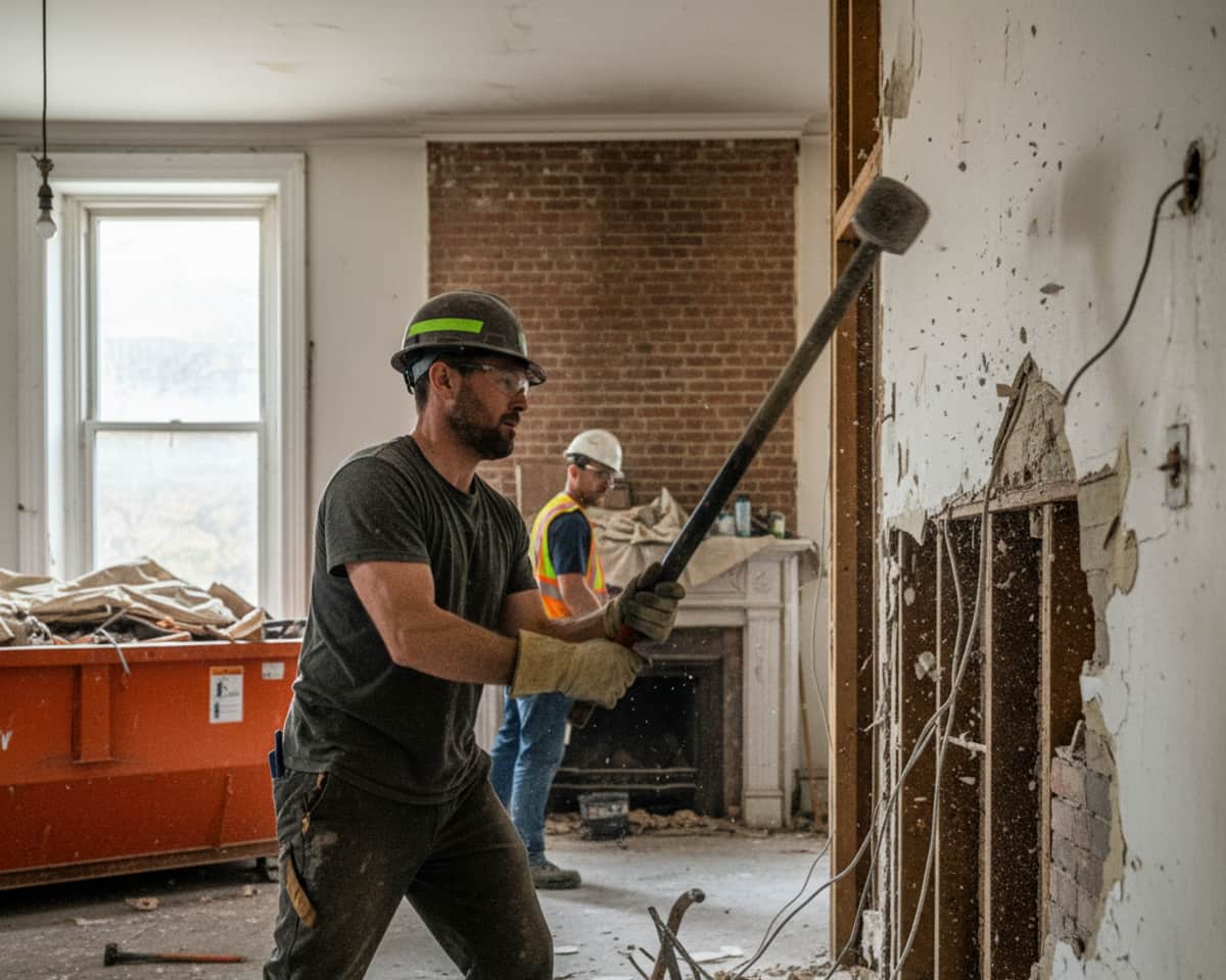 Team member working on interior wall removal in a Brooklyn apartment